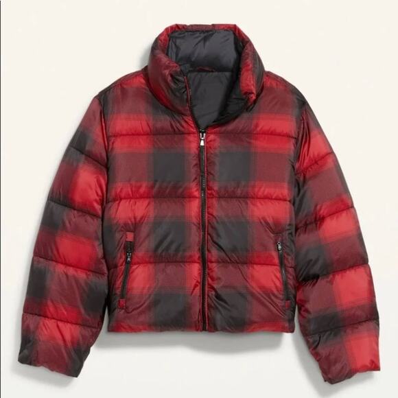 Old Navy Red Plaid Water Resistant Frost Free Short Puffer - Picture 6 of 9